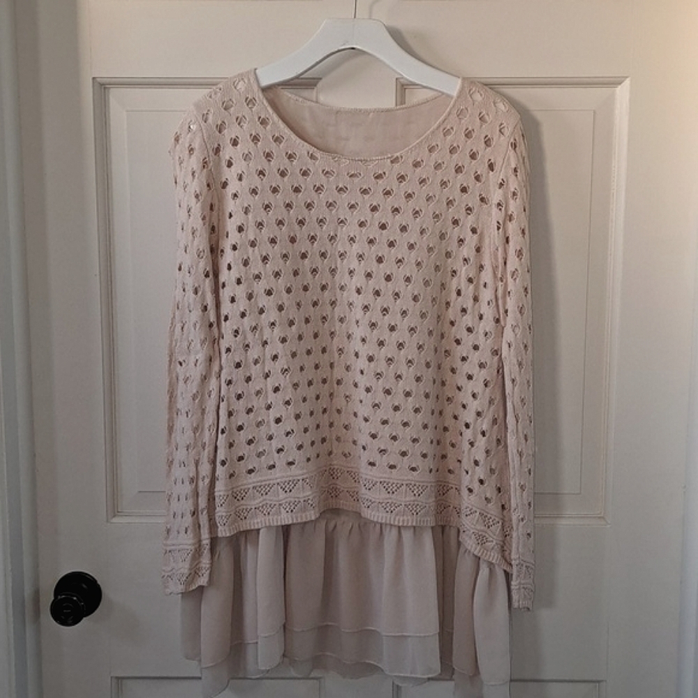 Cream Ivory Crochet Boho Layered Flowy Fit Cotton Blend Cut Out Sweater Tunic